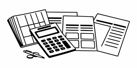 Illustration of calculator, pen, and papers with grids and lines for financial planning and accounting