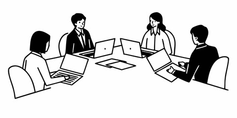 Four people sitting at a table with laptops in a meeting or work session illustration style