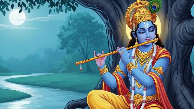 Lord krishna playing the flute under a tree in a serene moonlit night, a divine representation of hindu mythology and spiritual harmony