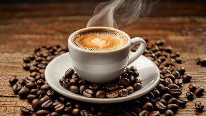 Fototapeta premium Coffee Beans and Fresh Brew on Wooden Table
