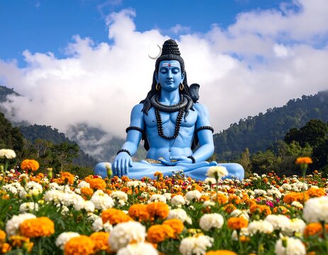 Blue deity statue in a flower garden