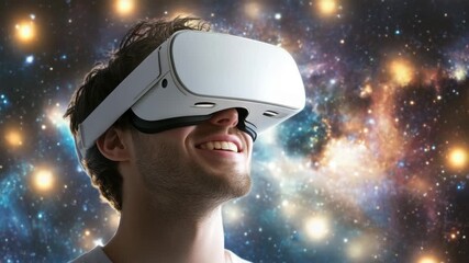 Virtual reality headset space digital technology immersive futuristic galaxy innovation young man smiling exploration entertainment cosmic stars colorful experience headset device digital world strap - Powered by Adobe
