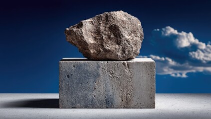 A large, irregular, brownish-gray rock rests atop a light-gray concrete block.  A muted concrete surface serves as the base, below the block.  