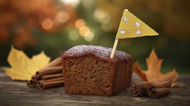 German Unity Day traditional honey cake with delicate sugar flag decoration and cinnamon sticks on rustic wooden table, autumn foliage bokeh background, festive cultural concept