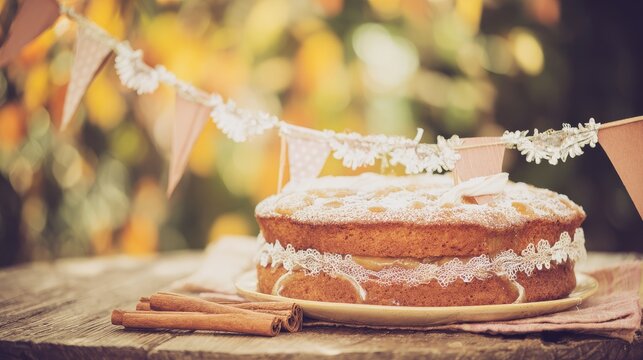 German Unity Day traditional honey cake with delicate sugar flag decoration and cinnamon sticks on rustic wooden table, autumn foliage bokeh background, festive cultural concept
