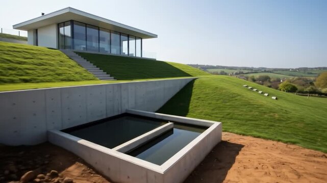 Earth shelter home integrating modern architecture with grassy hillside and reflecting pool
