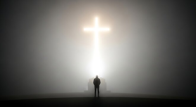 Faithful Man Facing a Glowing Cross.