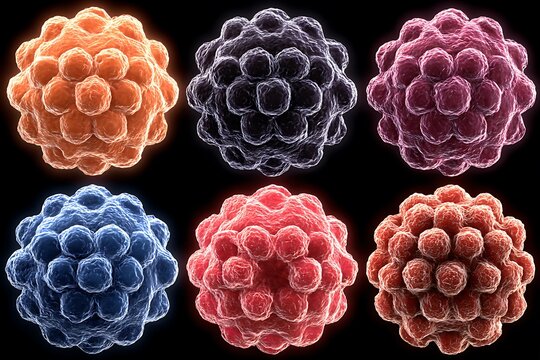 Vivid Virus Illustration 3D rendered microscopic images of various viral structures.
