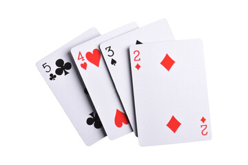 Hand of playing cards isolated on white background, top view. Poker game