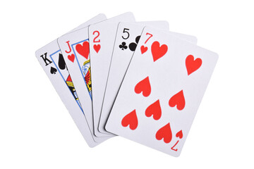 Hand of playing cards isolated on white background, top view. Poker game