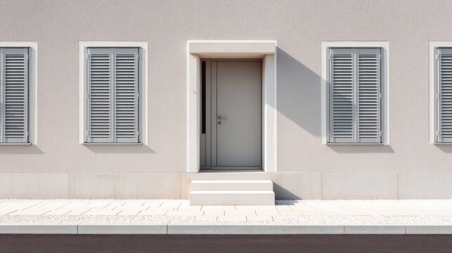 Gray Door on White Facade With Shutters