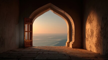 Obraz premium Sunset View Through an Arched Window in a Historic Building with Warm Lighting