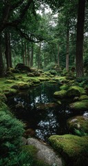 Obraz premium Lush forest garden with a dark pond