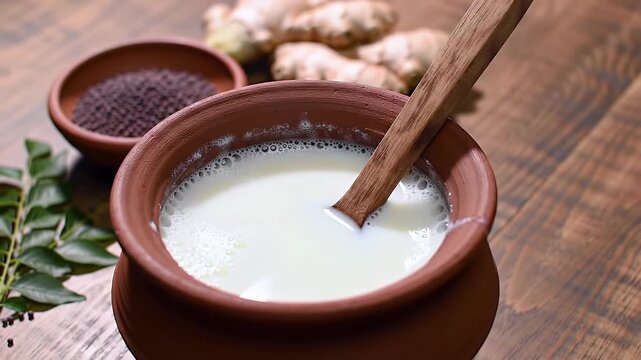 Authentic Lassi in Handcrafted Clay Pot with Rustic Charm Displaying Wooden Spoon Mustard Seeds Ginger and Curry Leaves on Wooden Table in Eye Level Angle with Natural Lighting