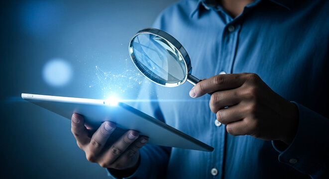 A close-up shot shows a person holding a tablet and a magnifying glass suggesting a focus on scrutinizing digital information for research discovery or in-depth analysis