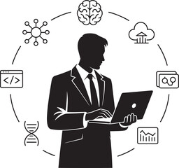Data Scientist Silhouette with AI, Cloud Computing, and Code Icons on Transparent Backdrop