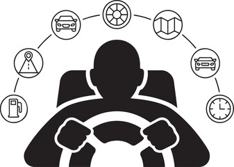 Driver's Journey Icons Steering Wheel Car Navigation Fuel Time Destination Road Trip Concept