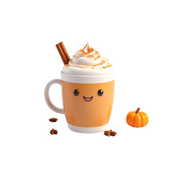 pumpkin spice latte with whipped cream and cinnamon stick, 3D style, white background