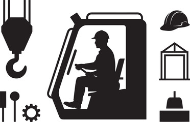 Silhouette of a Crane Operator with Construction Icons Representing Industry and Work