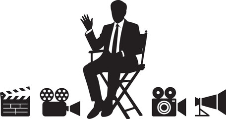 Silhouette of a Director with Film Equipment on Transparent Background Vector