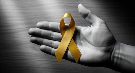 Gold ribbon for childhood cancer awareness held in a hand.