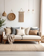 Serene Bohemian Living Room with Natural Textures Woven Decor and Soft Light.