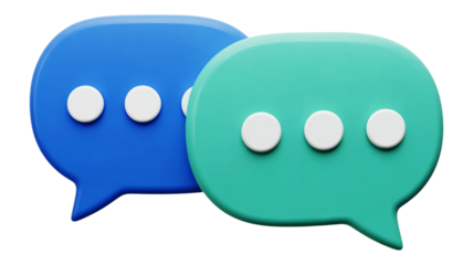 Two 3d speech bubbles in blue and teal with ellipses on a black background