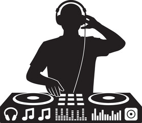 Silhouette of a DJ Mixing Tracks on Turntables with Headphones in a Studio Setting Graphic