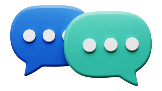 Two 3d speech bubbles in blue and teal with ellipses on a black background