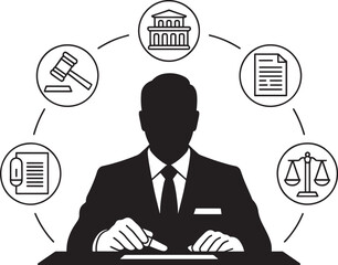 Silhouette of a Lawyer with Legal Icons Representing Justice and Legal Processes