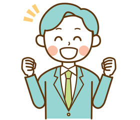 ガッツポーズで喜んでいるスーツを着た男性のイラスト