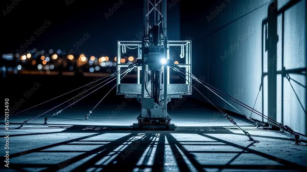 Poster nighttime footage showing the illuminated guy wires creating intricate shadow patterns around a mobi