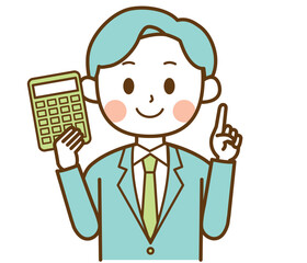 電卓を持って説明するスーツを着た男性のイラスト