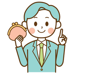 財布を持って説明するスーツを着た男性のイラスト