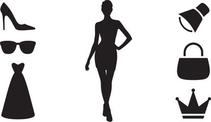 Silhouette of a Woman Surrounded by Accessories on a Transparent Background for Design Use