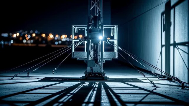 Nighttime footage showing the illuminated guy wires creating intricate shadow patterns around a mobile mast hoist.