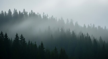 Misty Forest Landscape with Evergreen Trees.