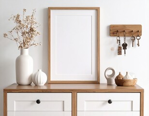 Serene Entryway Decor with Blank Oak Frame Mockup and Dried Flowers.