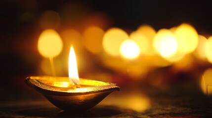 Golden diya oil lamp glowing with warm atmospheric light against dark background, traditional Indian festival decoration, shallow depth of field spiritual concept