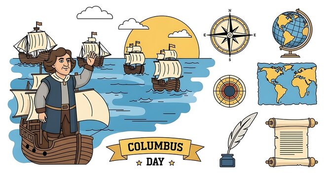 Columbus Day Illustration with Ships and Maps. - Powered by Adobe