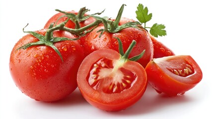 Bunch of juicy red tomatoes, some with stems, one sliced, glistening with water droplets and sprig of parsley