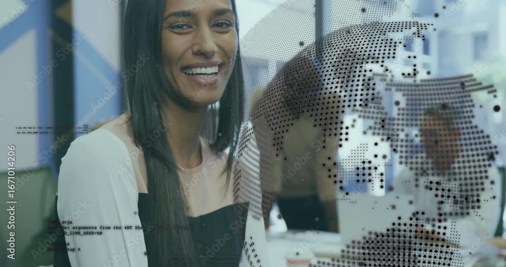 Poster senior colleague pointing at laptop and showing data map overlay while woman uncrossing and smiling