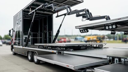 of compact stage trailer transforming into fullsized concert platform showcasing hydraulic lifts and mechanical arms in smooth motion.