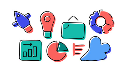 Blue red teal office doodle icons business hand drawn
