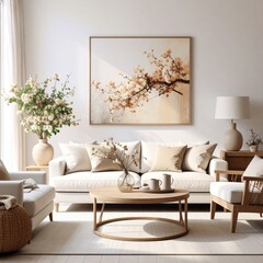 Serene Japandi Interior with a Large Blossom Artwork and Soft Natural Light.