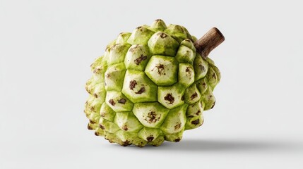 Fototapeta premium Green custard apple fruit with textured skin and short stem on white