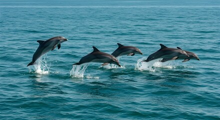 Fototapeta premium Dolphins jumping gracefully in the open sea, ocean wildlife scene