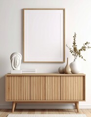 Serene Japandi Interior with Blank Frame Mockup on a Fluted Wood Credenza.