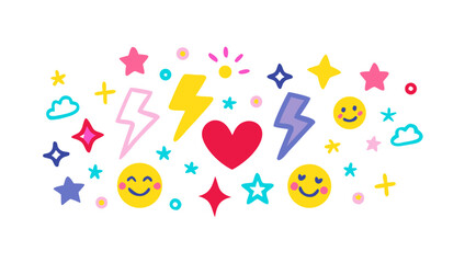 Cheerful cartoon icons stars hearts lightning clouds and smiley faces vector