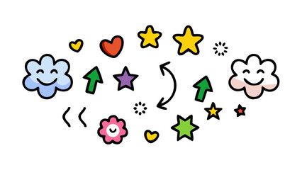 Cheerful cloud with stars hearts and flowers arrows